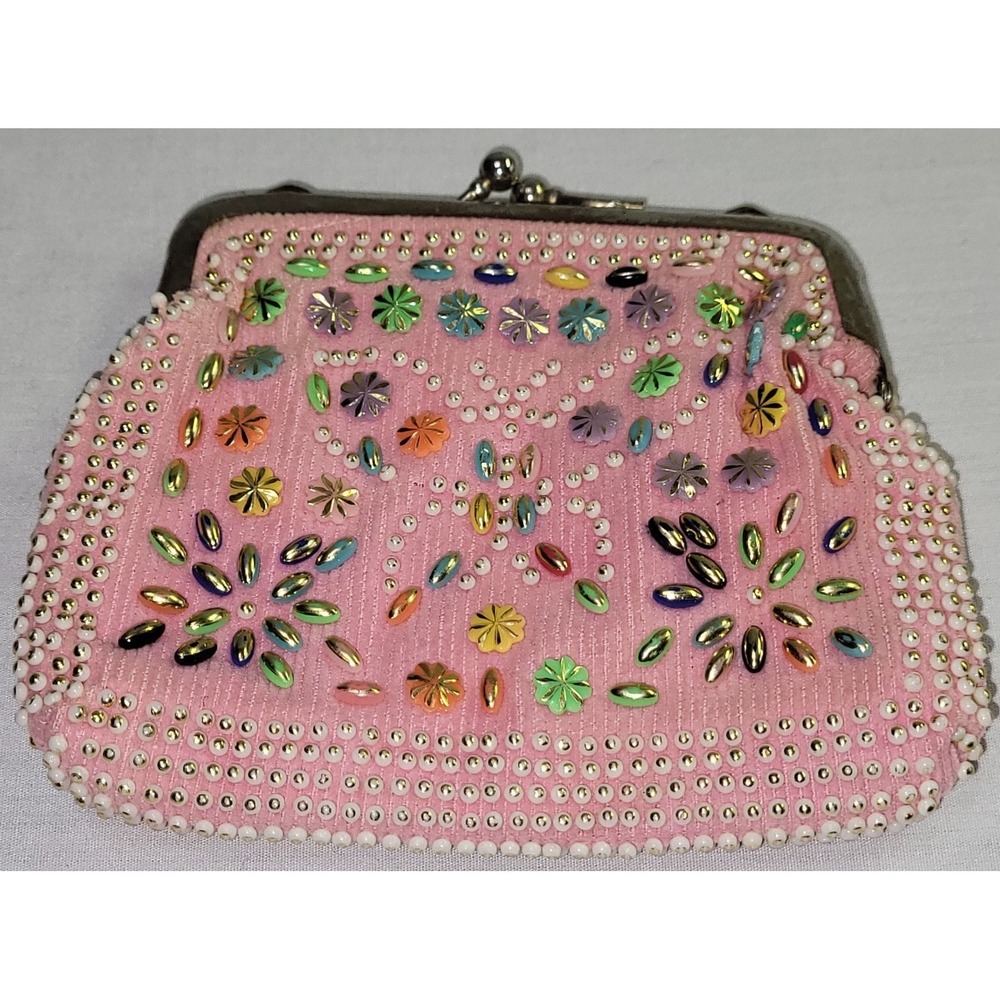 Vintage JEM Butterfly Beaded Pink Women's Coin Purse Floral Design Cute!